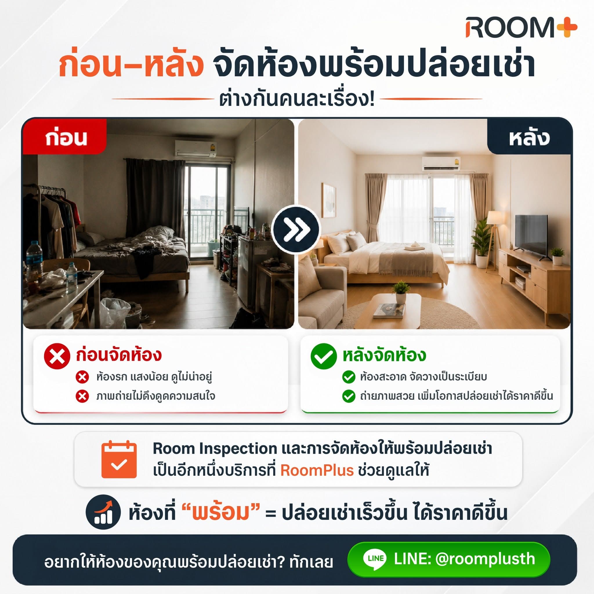 🏠 จากห้องว่าง...สู่ห้องพร้อมทำเงิน ให้ RoomPlus ดูแลเปลี่ยนห้องให้พร้อมปล่อยเช่า